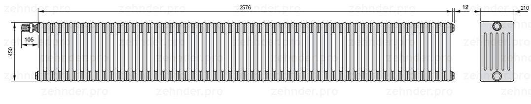 Схема (чертеж) Радиатор Zehnder Charleston 6045/56 №V012 Белый глянцевый RAL 9016